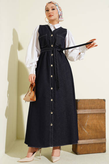 Boydan Düğmeli Çift Cepli Kot Jile Lacivert - Elbise