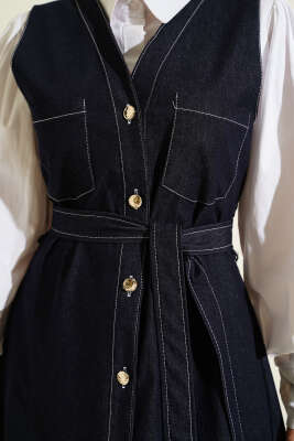 Boydan Düğmeli Çift Cepli Kot Jile Lacivert - Elbise