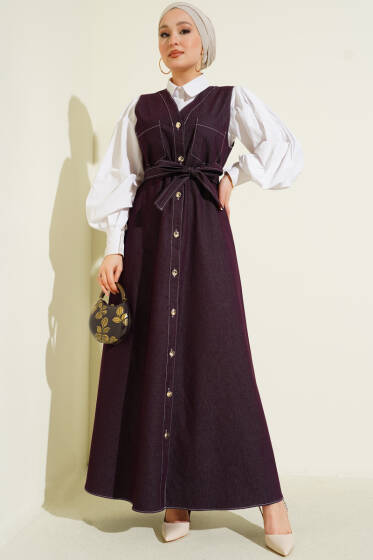 Boydan Düğmeli Çift Cepli Kot Jile Mürdüm - Elbise