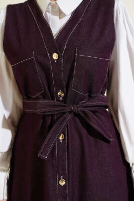 Boydan Düğmeli Çift Cepli Kot Jile Mürdüm - Elbise