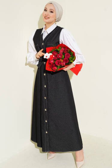Boydan Düğmeli Çift Cepli Kot Jile Siyah - Elbise