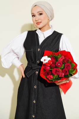 Boydan Düğmeli Çift Cepli Kot Jile Siyah - Elbise