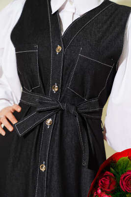 Boydan Düğmeli Çift Cepli Kot Jile Siyah - Elbise