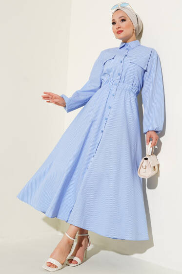 Boydan Düğmeli Çizgili Elbise Mavi - Elbise