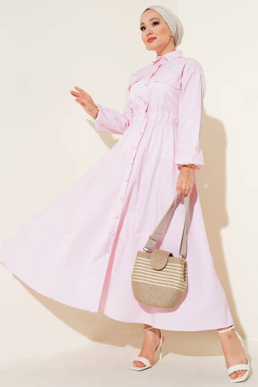 Boydan Düğmeli Çizgili Elbise Pembe - Elbise