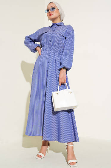 Boydan Düğmeli Çizgili Elbise Lacivert - Elbise
