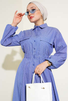 Boydan Düğmeli Çizgili Elbise Lacivert - Elbise