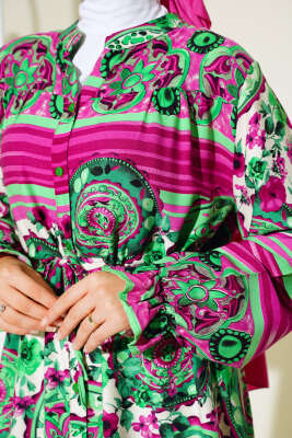 Boydan Düğmeli Desenli Elbise Fuşya Yeşil - 4