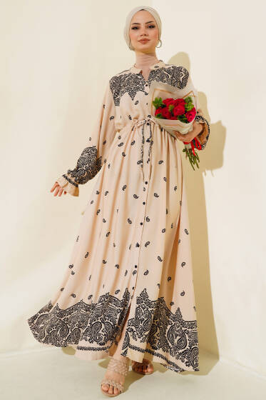 Boydan Düğmeli Desenli Elbise Latte - Elbise