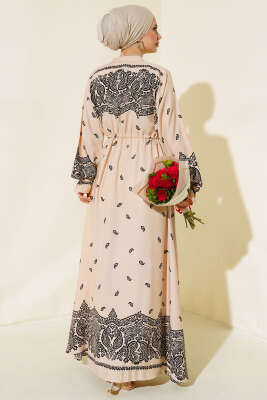 Boydan Düğmeli Desenli Elbise Latte - Tesettür Elbise