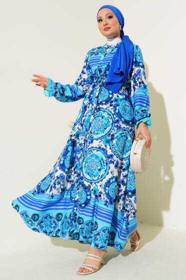 Boydan Düğmeli Desenli Elbise Mavi - Elbise