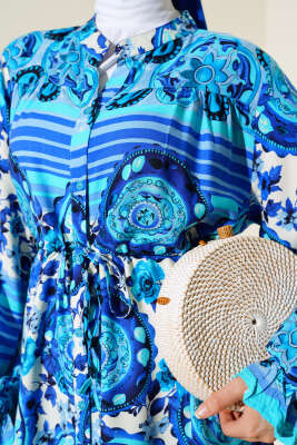 Boydan Düğmeli Desenli Elbise Mavi - 4