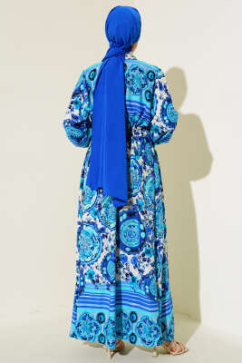 Boydan Düğmeli Desenli Elbise Mavi - 3