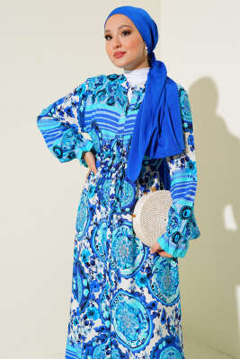 Boydan Düğmeli Desenli Elbise Mavi - 2
