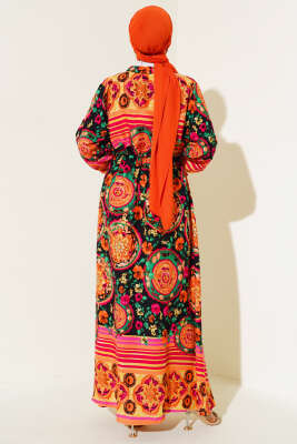Boydan Düğmeli Desenli Elbise Oranj - 3