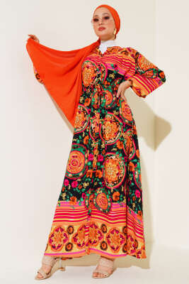 Boydan Düğmeli Desenli Elbise Oranj - 2