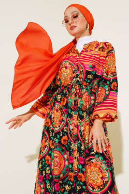 Boydan Düğmeli Desenli Elbise Oranj - 1