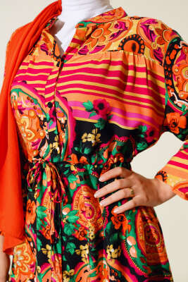 Boydan Düğmeli Desenli Elbise Oranj - 4