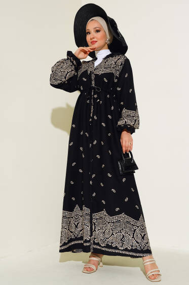 Boydan Düğmeli Desenli Elbise Siyah Latte - Elbise