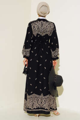 Boydan Düğmeli Desenli Elbise Siyah Latte - Tesettür Elbise