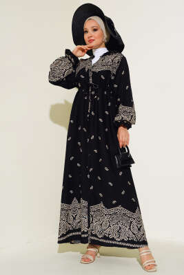 Boydan Düğmeli Desenli Elbise Siyah Latte - YÖNE TEKSTİL