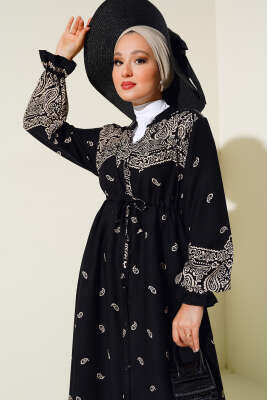 Boydan Düğmeli Desenli Elbise Siyah Latte - Tesettür Elbise