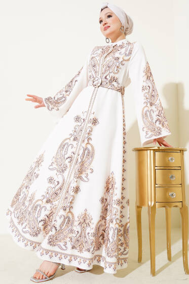 Boydan Düğmeli Desenli Kemerli Elbise Ekru - Elbise
