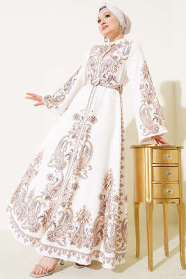 Boydan Düğmeli Desenli Kemerli Elbise Ekru - Tesettür Elbise
