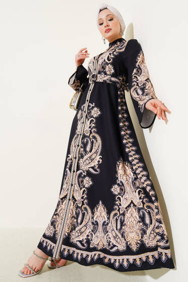 Boydan Düğmeli Desenli Kemerli Elbise Siyah - Elbise