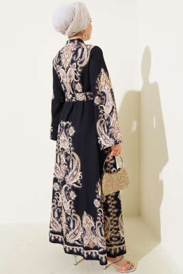 Boydan Düğmeli Desenli Kemerli Elbise Siyah - Tesettür Elbise