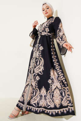 Boydan Düğmeli Desenli Kemerli Elbise Siyah 