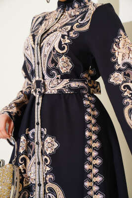 Boydan Düğmeli Desenli Kemerli Elbise Siyah - Tesettür Elbise