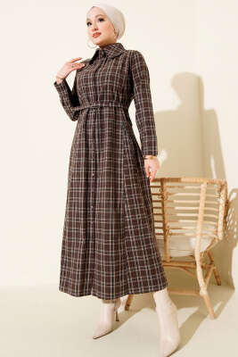 Boydan Düğmeli Ekoseli Kemerli Elbise Kahve - MISRA