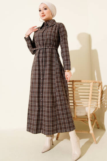 Boydan Düğmeli Ekoseli Kemerli Elbise Kahve - Elbise