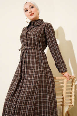 Boydan Düğmeli Ekoseli Kemerli Elbise Kahve - Elbise