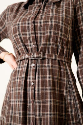 Boydan Düğmeli Ekoseli Kemerli Elbise Kahve - Elbise