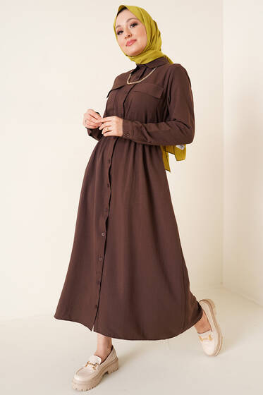Boydan Düğmeli Elbise Kahve - Tesettür Elbise
