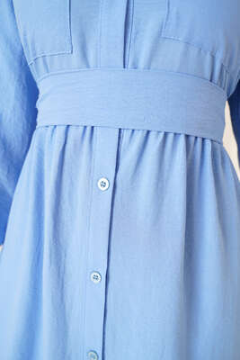 Boydan Düğmeli Elbise Mavi - Tesettür Elbise