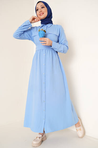 Boydan Düğmeli Elbise Mavi - Tesettür Elbise