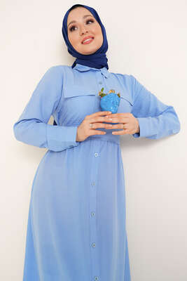 Boydan Düğmeli Elbise Mavi - Tesettür Elbise