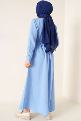 Boydan Düğmeli Elbise Mavi - Tesettür Elbise