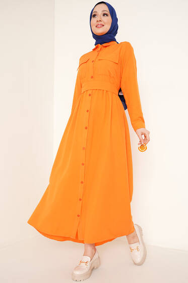 Boydan Düğmeli Elbise Oranj - Tesettür Elbise