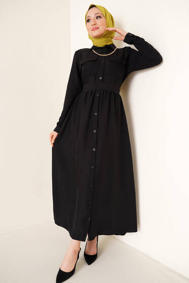 Boydan Düğmeli Elbise Siyah - Tesettür Elbise