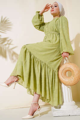 Boydan Düğmeli Elbise Yağ Yeşili - Thumbnail