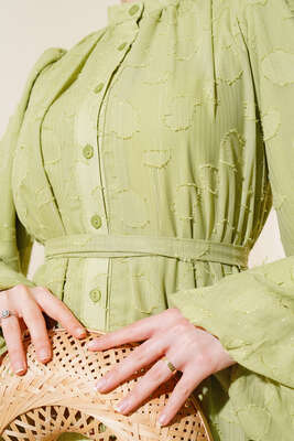 Boydan Düğmeli Elbise Yağ Yeşili - Thumbnail