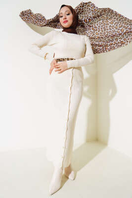 Boydan Düğmeli Etekli Triko Takım Bej - PUDRA OFFICIAL