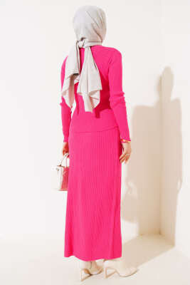 Boydan Düğmeli Etekli Triko Takım Fuşya - Triko İkili Takım