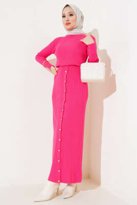 Boydan Düğmeli Etekli Triko Takım Fuşya - PUDRA OFFICIAL