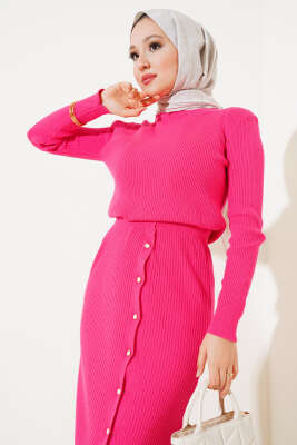 Boydan Düğmeli Etekli Triko Takım Fuşya - Triko İkili Takım