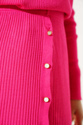 Boydan Düğmeli Etekli Triko Takım Fuşya - Triko İkili Takım